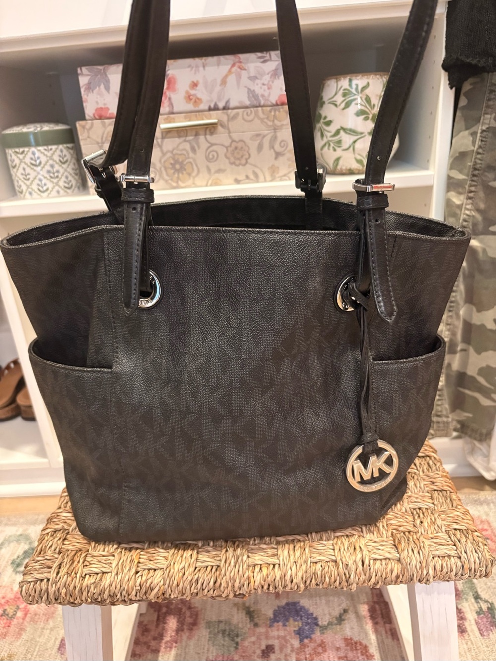 Michael Kors Black Monogram Logo Tote with Silver Hardware